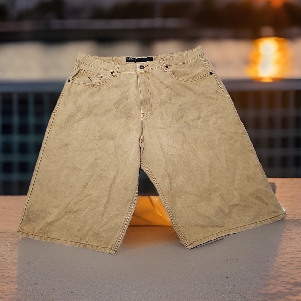 VTG Rocawear Khaki Beige Bermuda Denim Shorts Men's 38 Embroidered Logo Hip Hop